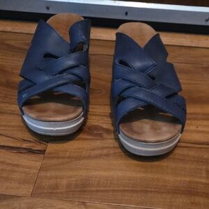 Dansko Navy Leather Cross-Strap Slip-On Clogs